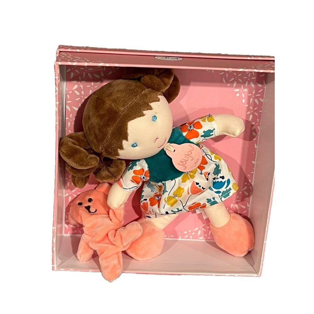 Jolijou My First Doll Teddy Bear Brunette Ponytails Embroidered Green Dress New